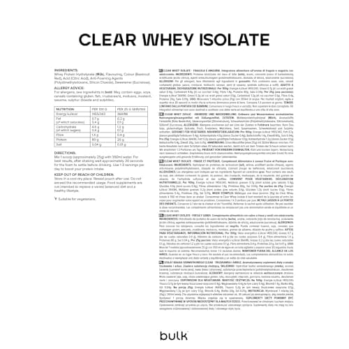Bulk Clear Whey Isolate, Shake protéiné rafraîchissant, Protéine en Poudre, Rafraichissant et Fruité, Tropical, 500 g, 20 Portions