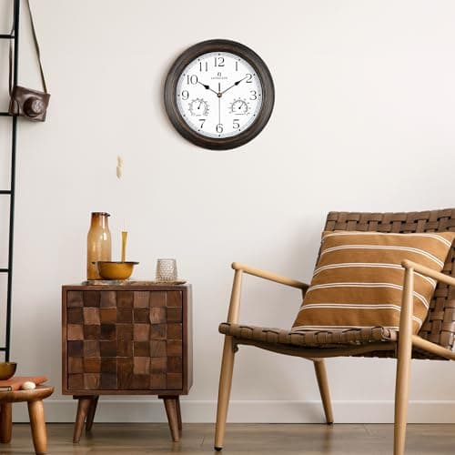 Lafocuse 30cm Horloge Murale Exterieure Etanche avec Thermomètre et Hygromètre, Vintage Marron Pendule Murale Retro, Silencieuse Shabby Chic Deco pour Extérieur, Jardin, Balcon, Salle de Bain, Cuisine