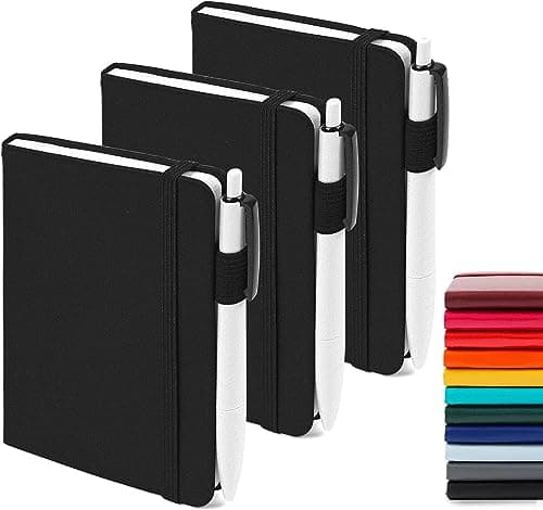 Feela 3 Carnet de Notes de Poche A6 avec 3 Stylos Noirs, Page Lignée, Petit Carnet de Poche à Couverture Rigide avec Porte-Stylo, Bloc Note A6 pour Bureau Ecole pour Notes Plans, 9 x 14 cm, Noir