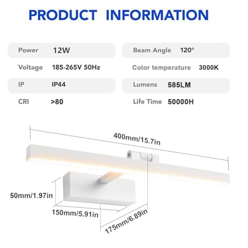 Klighten Lampe pour Miroir LED Salle de Bains 12W 585LM Lampe Armoire Miroir Applique Murale Intérieure Moderne Luminaire Salle de Bain Blanc chaud 3000K