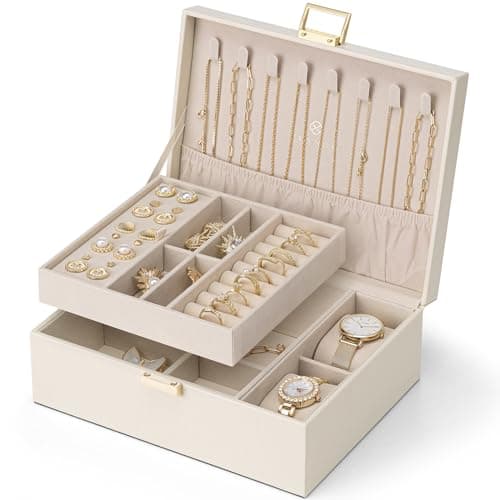 Vlando Boîte à bijoux en cuir à 2 niveaux pour femme et fille avec 2 coussins de montres, organisateur de bijoux, boîte à bijoux, idée cadeau, pour montres, bagues, boucles d'oreilles, colliers