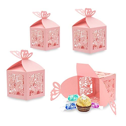Derbway 30pcs Papillon Papier Boite Bonbons Coffret Cadeaux, Cérémonie de Mariage de Fête Caisson pour Anniversaire,Bébédouche,Communion,Noël (Rose,Carré)