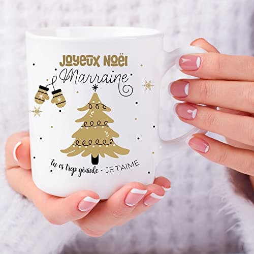 ÉNJA Création Cadeau NOËL - Mug MARRAINE. Marraine/Tasse – Joyeux Noël - Cadeau fêtes de fin d'année personnalisé. Cadeau original. Céramique haute qualité 11oz - 320 ML (MARRAINE)
