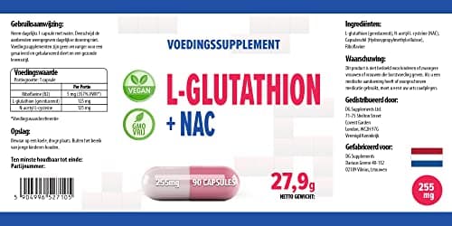 Hepatica L-Glutathione + NAC (N Acétyl Cystéine) 255mg 90 gélules végétales, Testé par un Laboratoire tiers, sans gluten ni OGM