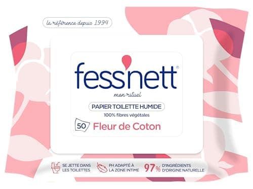 Fess Nett - Papier Toilette Humide Fleur de Coton x50 - Formule testée dermatologiquement 0% parabène 0% phenoxyethanol - Pour Peaux Normales à Sensibles