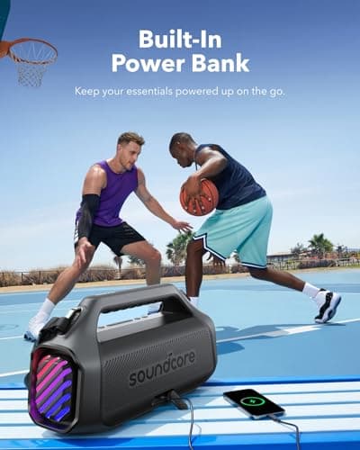 Soundcore Boom 2 Plus Enceinte Bluetooth puissante, 140W, 2+2 canaux stéréo, BassUp 2.0,Charge Rapide 30W, 20h, IPX7, lumières RGB, USB-C, pour l'extérieur, Le Camping, la Plage et Le Jardin