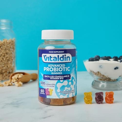 VITALDIN Probiotique Gummies – 500 millions d ́UFC de Bacillus Coagulans par dose + Vitamine B12 – 60 Gommes (pour 1 mois); saveur de Fruits – Flore Intestinale – pour Enfants et Adultes
