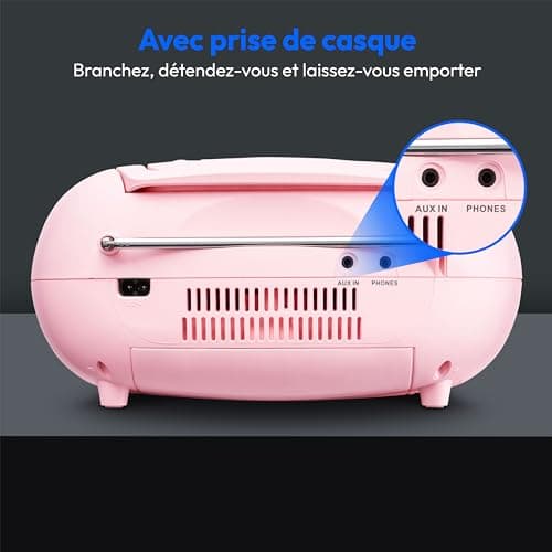 MEDION E66476 Stereo Sound System (Boombox, Lecteur CD, MP3, Cassette, Lecteur de Cassette Portable pour Enfants, Radio FM, AUX, écouteurs, Secteur & Batterie) Rose
