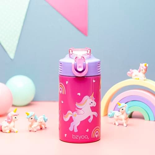 bzyoo Bouteille d'eau en acier inoxydable pour enfants 473,6 g – Étanche et facile à ouvrir ! Rose avec jolis motifs de licorne. Dispose d'une poignée et d'une fermeture sécurisée. Comprend une paille