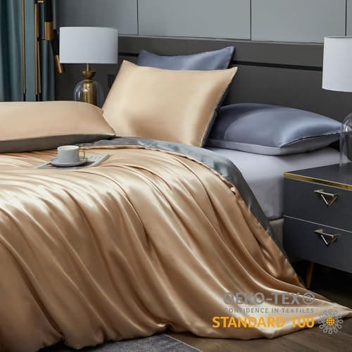 Tospass Housse de Couette Satin 200x200 Dorée Beige Gris Satinée Parure Linge de lit Adulte 2 Personnes Uni Soie Soyeux Brillant Ensemble Literie avec Fermeture éclair et 2x65x65cm Taies d'oreiller