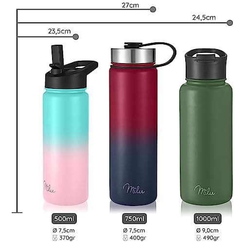 Milu Bouteille en acier inoxydable 500ml, 750ml, 1000ml (+3 couvercles) - Bouteille thermo avec paille, bouteille d'eau, pour boissons chaudes, froides et gazeuses (rose menthe, 1l)