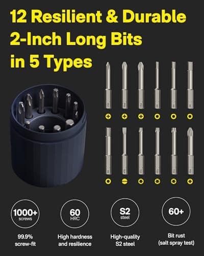 HOTO Visseuse sans Fil 3,6V, Tournevis Electrique 4N.m, 12 Embouts en Acier S2, Conception Tout-en-un, Charge Type C, Lumière LED sans Ombre, 3 Réglages du Couple, Batterie 1500 mAh