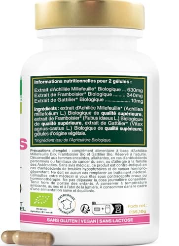 Règles Douloureuses BIO | Apaise les Douleurs Menstruelles | Avant et Pendant les règles | Framboisier, Gattilier, Achillée Millefeuille | 60 gélules de 490mg | Fabriqué en France | Qualité Supérieure