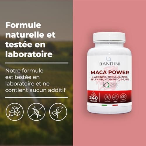 Bandini® MACA POWER 240 Gélules - Maca noire enrichi avec Arginine Kyowa® + Tribulus + Vitamine C + Zinc + B6 + B12 + Sélénium - Anti-stress, augmente Endurance et Énergie - 100% Vegan