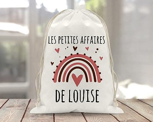 Sac à doudou/pochon/pochette avec lien prénom personnalisé en coton pour enfant 3 tailles disponibles et sac à dos en toile bio motif Arc en ciel rose vieux