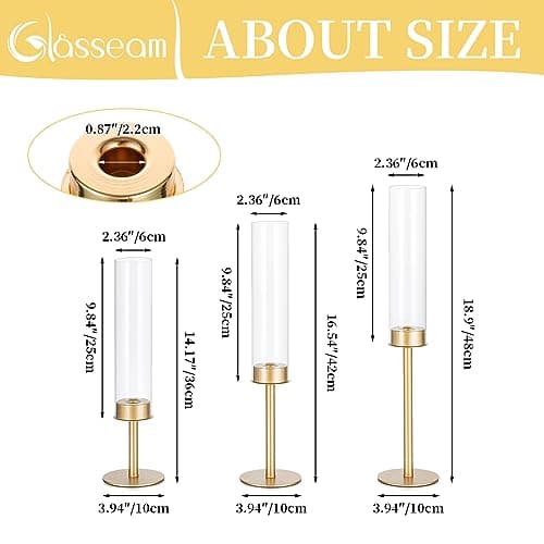 Glasseam Bougeoir en Verre Transparent, Bougeoirs en Or Mat pour Bougies, Lot De 6 Grands Bougeoirs, Support De Bougie Bougeoirs De NoëL DéCoration pour Tables De Salle à Manger