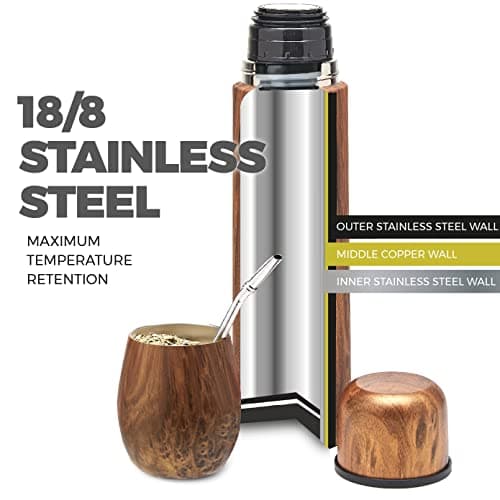 BALIBETOV Ensemble complet de Yerba Mate - Modern Mate Gourd, Thermos, Bombilla et Brosse de Nettoyage Inclus - Tous en Acier Inoxydable 304 18/8 de Qualité Supérieure (Bois)