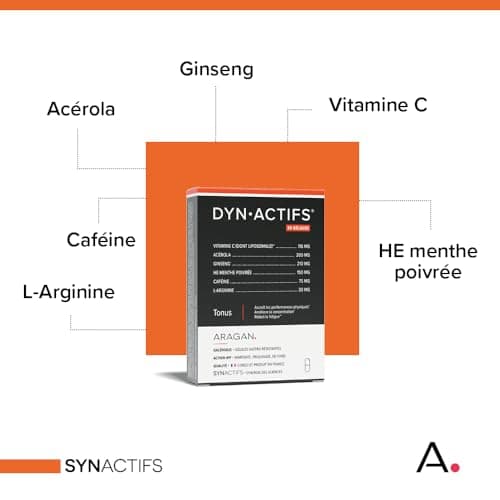 ARAGAN - Synactifs - Dynactifs - Complément Alimentaire Anti-Fatigue - Ginseng, Acérola, Caféine, Vitamine C et Menthe Poivrée - 30 gélules - 15 jours à 1 mois de prise - Fabriqué en France