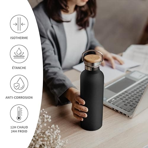 Bambaw Gourde 1l Isotherme, Bouteille d'Eau Noire, Gourde Isotherme 1l Inox, Gourde Sans BPA, Gourde Réutilisable – Noir Onyx
