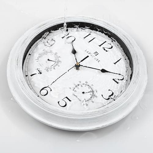 Lafocuse 30cm Horloge Murale Exterieure Etanche avec Thermomètre et Hygromètre, Vintage Blanc Pendule Murale Retro, Silencieuse Shabby Chic Deco pour Extérieur, Jardin, Balcon, Salle de Bain, Cuisine