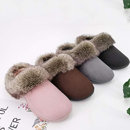 ofoot Pantoufles Femmes Hiver Chaud Mocassin Daim Fourrure, Chaussures de Maison Doublure Tricot Doux, Semelle en Caoutchouc Antidérapante