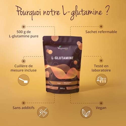 L Glutamine Poudre 5000 mg | 100% Pur et Naturel | Matière Première de Marque : AMINOFERMENT® | Récupération Musculaire – Post Workout | Vegan & Sans Additifs | Testé en Laboratoire | Vegavero®