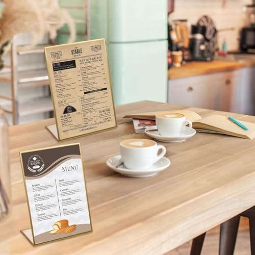 3 Pièces Incliné Présentoir de Table en Acrylique avec Bordure Dorée, Porte Affiche Menu en L, Transparent Présentoir Publicitaire de Table, 5x7 Pouces Supports de Panneau pour Cadres Photo Menus