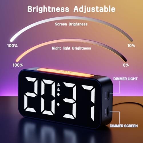 Reveil, Réveil Numérique Grand écran LED avec Veilleuses 9 Colorées, Luminosité & Volume réglable, Cloche Double, Snooze, 12/24H, Alimentation électrique (Adaptateur Inclure)