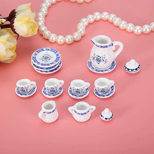 1:12 Accessoire De Poupée, 15pcs Mini Fleur en Porcelaine Tasse À Thé Set Maison de Poupée Décor Cuisine Miniature Simulation Meubles Ensemble Modèle pour Bébé Garçon Fille Dollhouses(Tye 1)