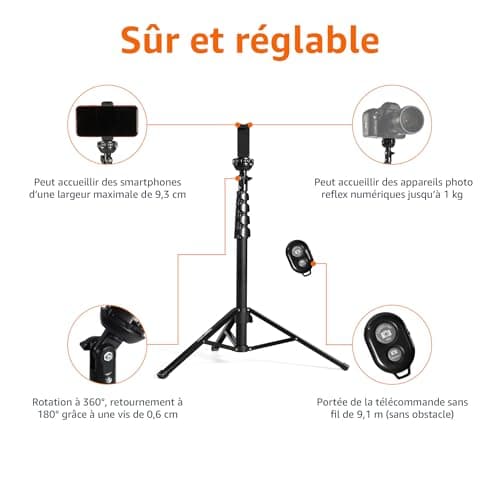 Amazon Basics Trépied pour iPhones extensible jusqu’à 162 cm avec fonctions perche à selfie et trépied, noir