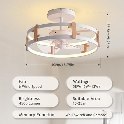 MOUNM Ventilateur Plafond avec Lumiere, Plafonnier LED Luminosité Dimmable de 3000k-6000k, Ventilateur Plafond 40cm et Télécommande, Luminaire Ventilateur Plafonnier 6 Vitesses 58W(45W+13W)