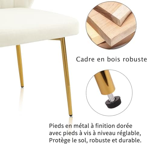 SEPNINE Lot de 2 Chaises de Salle à Manger, Chaises Scandinaves, Chaise en Velours pour Salle à Manger avec Dossier Ergonomique, Chaise de Salon avec Pieds en Métal Doré, Chaise de Cuisine Blanc