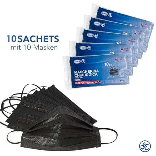 S&S Médical Lot de 100 Masques CHIRURGICAUX noir certifiés CE Type IIR BFE ≥ 98% DISPOSITIF MÉDICAL 3 couches de protection chirurgical Ministère de la Santé + crochet d'oreille (100 | Noir)