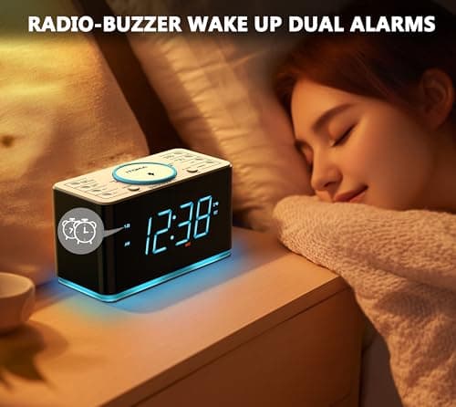 Radio réveil avec Chargeur sans Fil 15W, APP contrôle, FM Radio, Bluetooth, Deux Ports de Charge, Double réveil, minuterie de Sommeil, Snooze, gradateur Manuel Automatique iTOMA 207A