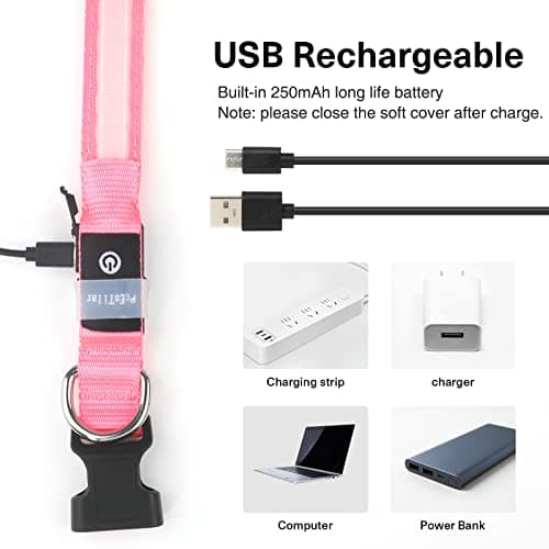 PcEoTllar Collier Lumineux Chien, Collier Chien LED Rechargeable et Etanche Clignotant, Collier Chien Fluorescent avec 7 Couleurs, Sécurité avec Réglable pour Petits Moyens Gros Chiens, Rose-M