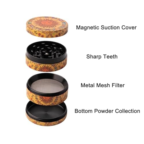 Grinder Moulin à épices 50MM, Collecteur de Pollen avec Couvercle Magnétique et Collecteur de Pollen, Moulin à épices Professionnel 4 pièces Herb Grinder Métal Pour Épices Herbes Pollen Vanille