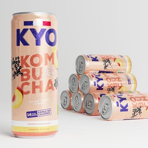 KYO Lot de 8 Canettes 33cl Kombucha Pêche Baies de Sureau bio - Pétillant - faible en sucre - sans alcool et artisanal