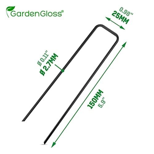 GardenGloss Piquets de Fixation en Acier (25 Pièces) - pour Toiles de Paillages et de Jardinage, Grillage et Filets - 150 mm de Long, 25 mm de Large, Ø 2.7 mm