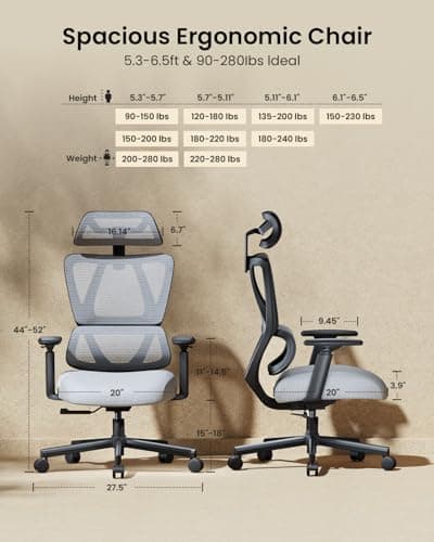 ProtoArc EC100 Chaise de Bureau Ergonomique - Chaise Gaming avec Un Coussin à Ressorts Plus épais de 10 CM, Soutien Lombaire, Accoudoirs et Appui-tête Réglables - Gris