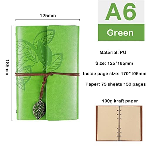 Bloc-notes relié en cuir rétro A6, 12,5 cm x 18,5 cm avec pages vierges non lignées