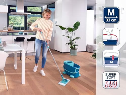 Leifheit Set Clean Twist M Ergo, lave-sol avec molleton ultra doux, seau essoreur et balai à plat essorage facile, balai serpillère microfibre, kit de lavage pour sols délicats, chariot à roulettes