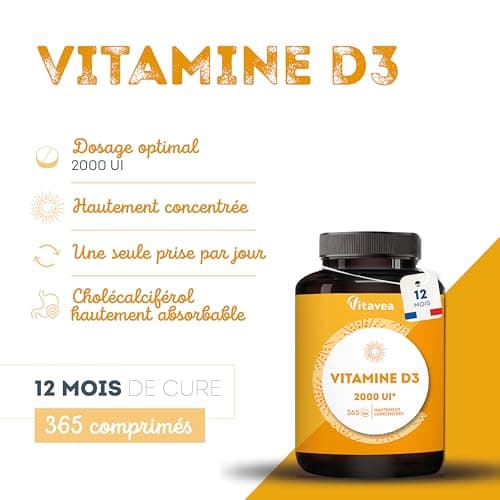 Vitamine D3 | 2000 UI | Défenses naturelles, immunité | Haut dosage | 1 an | Fabriqué en France | Vitavea