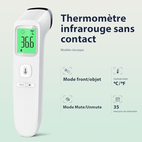 Thermomètre Frontal Sans Contact, Thermometre Bebe, Thermomètre Médical Numérique Infrarouge pour Adultes, Lecture Précise avec Ecran LCD, Mode Muet, Rappel de Mémoire (Blanche)