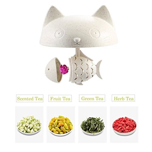 BigNoseDeer Cadeau Femme Cadeau Noel Tasse à thé en verre chat, bouteille d'eau avec infuseur à thé en forme de poisson, Passoire Filtre Tassen de café 250ML (8OZ) Cadeau Fête des Mères