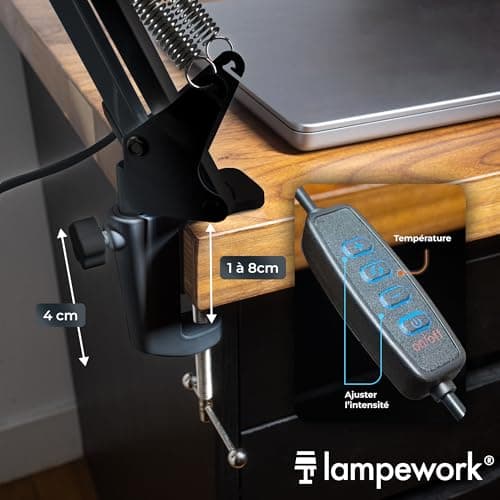 lampework Lampe de Bureau LED Puissante - Lumière Ajustable avec Bras Articulé et Pince - Éclairage Professionnel en Aluminium - Lampe LED Dimmable avec Modes de Couleur pour Bureau, Lit et Table
