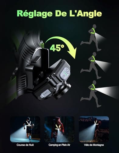 ISEYOU Lampe Running, 500 Lumens Lampe Course a Pied Rechargeable par USB, Réglable à 45°, Étanche IPX4 Lampes Pectorale Running avec Double Sangle Bandes Réfléchissantes pour Jogging Sports Extérieur