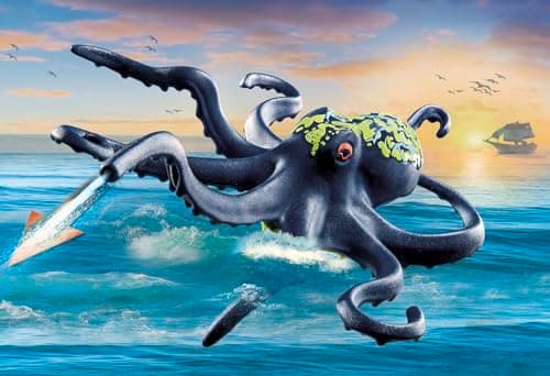 Playmobil 71419 Pirate avec Pieuvre géante, Comprend Deux Personnages, Une Pieuvre géante Qui pulvérise de l'eau, Un Bateau à rames et de Nombreux Accessoires, Univers Pirates, pour Enfants dès 4 Ans