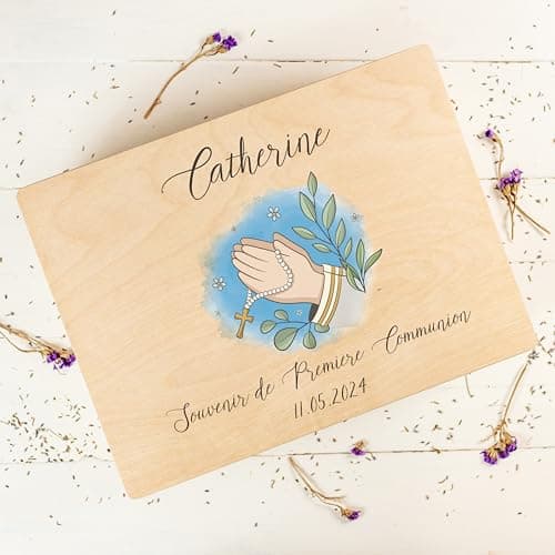 Creative Deco Personnalisé Première Communion Confirmation Cadeau Boite | Boîte à Souvenirs en Bois pour Garçon et Fille | Personnalisés - Calice et Prière du Chapelet | Personnalisable Idée Coffret