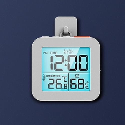 Horloge de Salle de Bain, Minuterie de Douche Numérique pour Salle de Bain, Horloge Murale de Cuisine avec Alarme, Minuterie Tactile étanche Portable, Thermomètre Intérieur, Hygromètre, Blanche