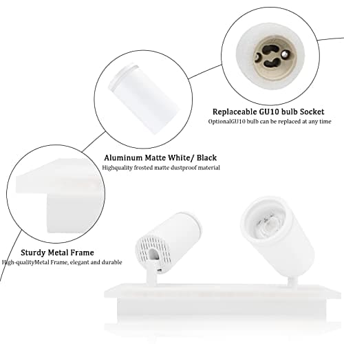 URing Plafonnier LED 2 Spot, Spots de plafond Plafonnier Pivotants & Orientables, Éclairage LED luminaire avec lueur inférieure 7W+ 2x 5W GU10 1700LM, Blanc Chaud 3000K pour Cuisine Salon, Blanc mat
